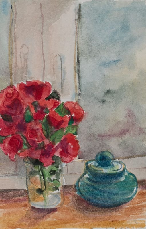 Study for - 'Roses and my celadon pottery in windowsill' oil painting